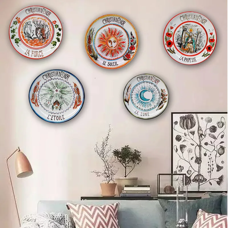 Creative American Ceramic Plate Sun Moon Star Pattern Home Decorative Round Tray Tarot Printed Living Room Wall Art Hanging Dish