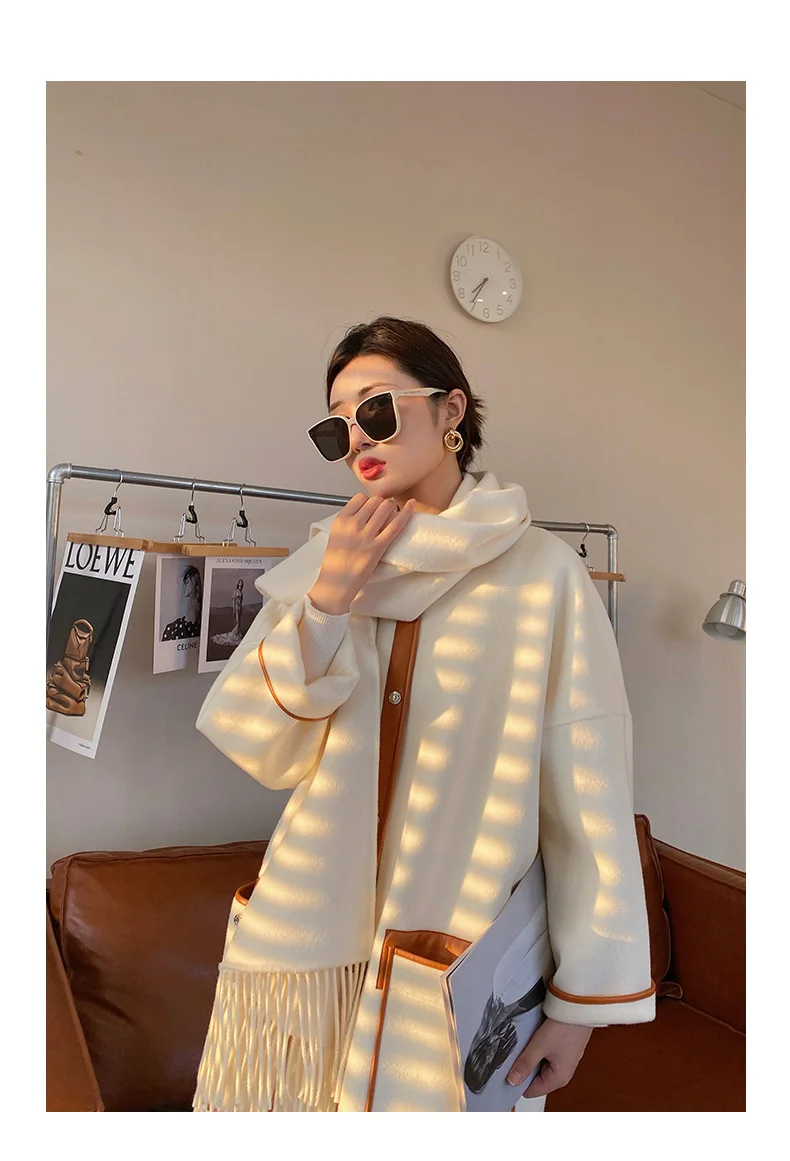 hooded puffer jacket "Anfiouna" 21 autumn and winter new sheepskin wrapped scarf design double-sided cashmere long tweed coat women hooded puffer jacket