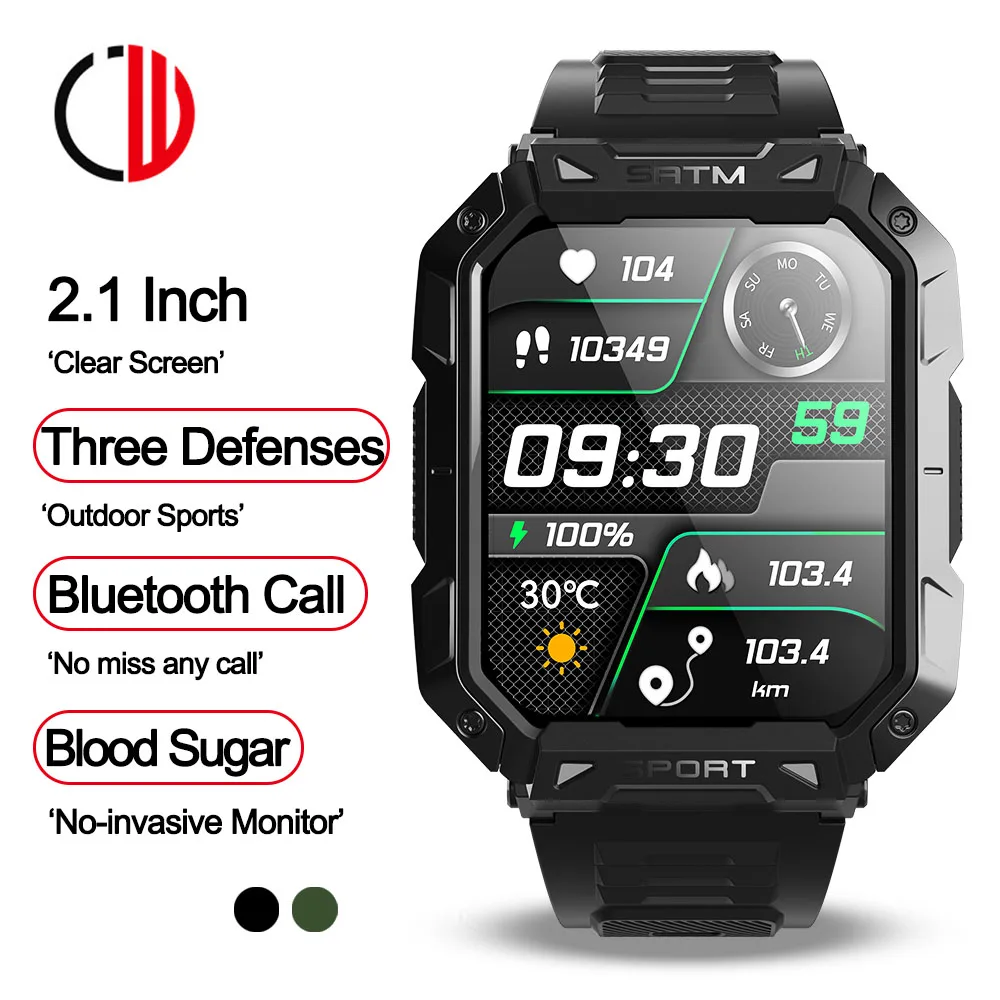 

2.1 Inch 5ATM Blood Sugar Glucose Smart Watches For Men Three Defenses Outdoor Sports Smartwatch Bluetooth Call Voice Assistant