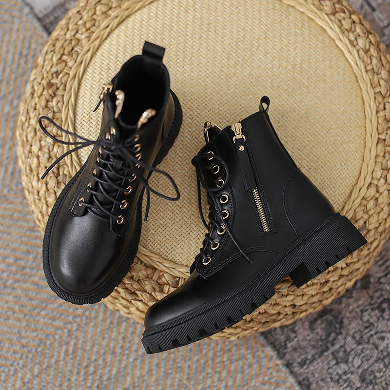 

Round Head Short Boots Ankle High Fall Women Zipper Shoes Black Lace-up Zapatos Mujer Fashion Square Heel Botas Femininas