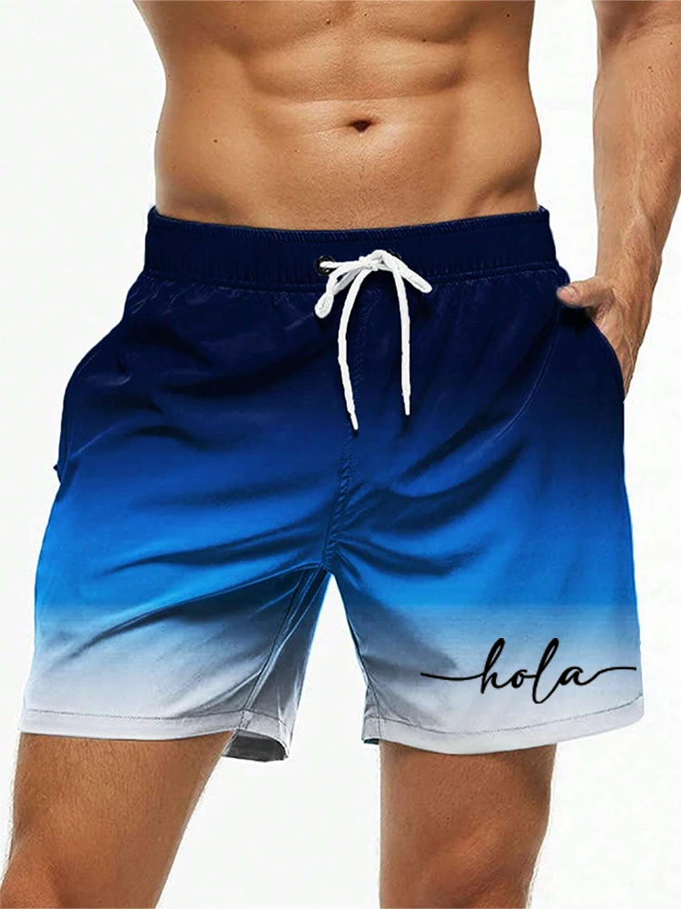 Fashion Letter Design Mens Print Shorts Summer Men's Swim Trunks Elastic Waist 3D Print ‘Hola’Graphics Gradient Breathable Short 2