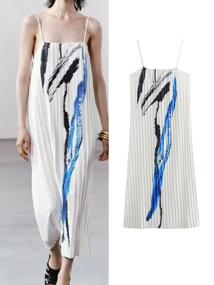 

Women Summer MIDI Pleated Strap Dress 2024 Vintage Print Sleeveless Loose Female Elegant Street Mid-Calf Dresses Clothing