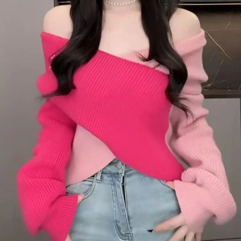 2025 Women Autumn Winter Sweater Korean New Design Elegant Cross V-neck Off Shoulder Knit Thickened Sexy Pullover Sweater 2