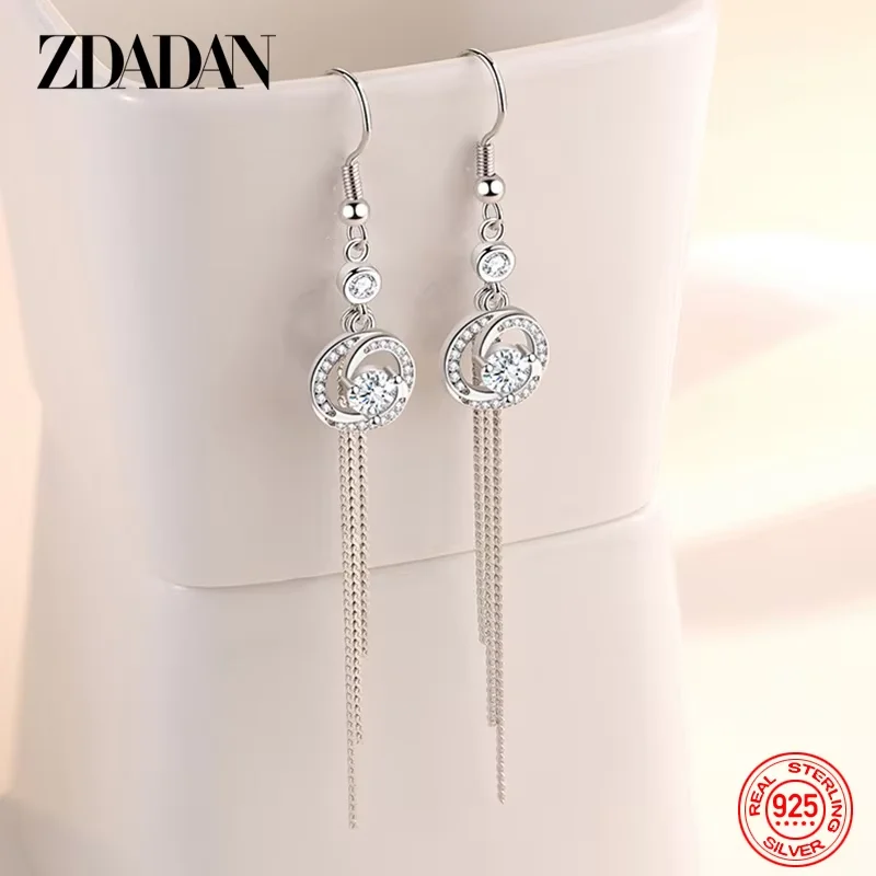 ZDADAN Ohrhänger aus 925er-Sterlingsilber, rund, Zirkon, lange Quaste, baumelnd, für Damen, Charm-Schmuck – Detail 1
