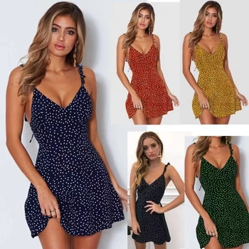 Sexy Summer Sleeveless V-neck Camisole Dress Women Straps Slim Lace-up Polka Dot Mini Sundress Casual Backless A-Line Vestidos 1