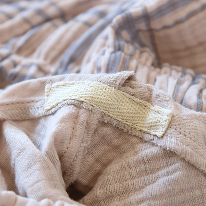 Japanese new spring and autumn men's 100% cotton crepe plaid pajamas long-sleeved trousers two-piece large size home service set