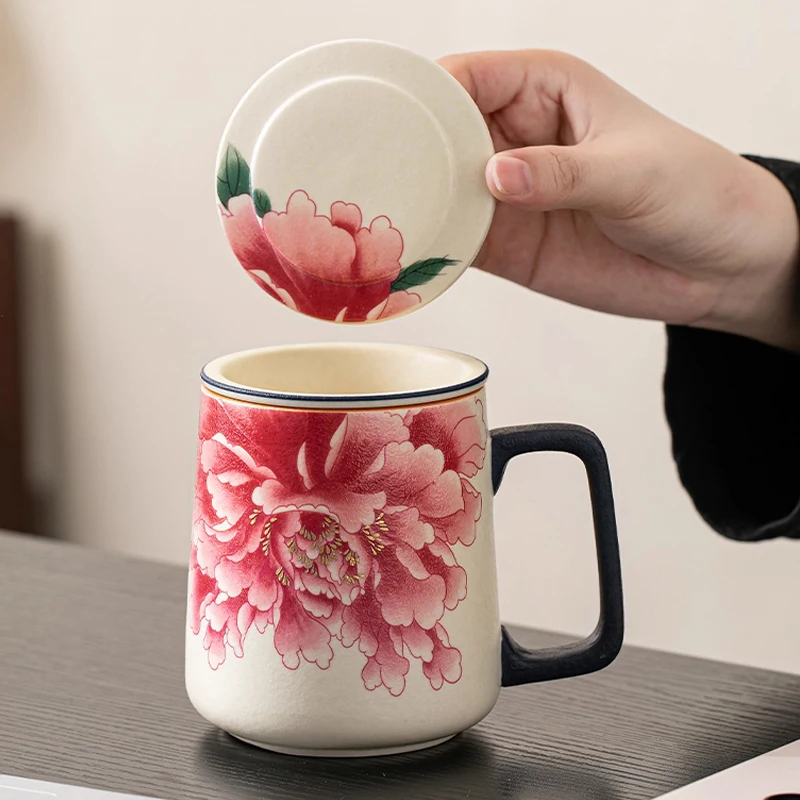 Chinese Style Ceramic Cartoon Floral Pattern Mug, Personal Creative Teacup, With Cover Filtered Tea Water Separation, 400ml, 1Pc