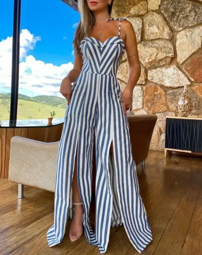 

Jumpsuit for Women Summer 2023 Fashion Striped Print Split Thigh Casual Vacation Lady Loose Wide Leg Jumpsuit Street wear