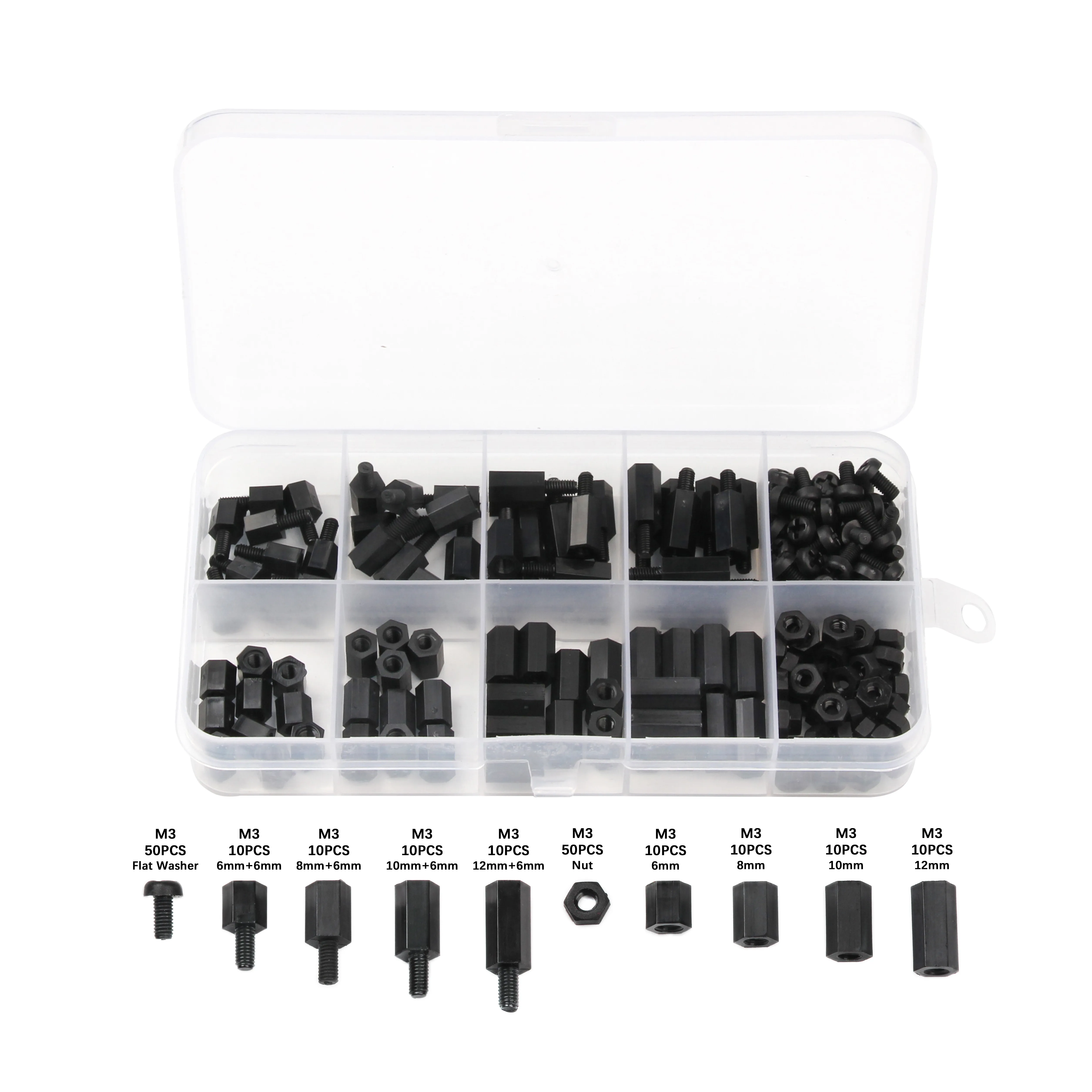 Coluna espaçador de nylon para placa-mãe PCB, M3 fêmea e macho, branco e preto, fixo conjunto de parafusos plásticos, 180pcs por lote