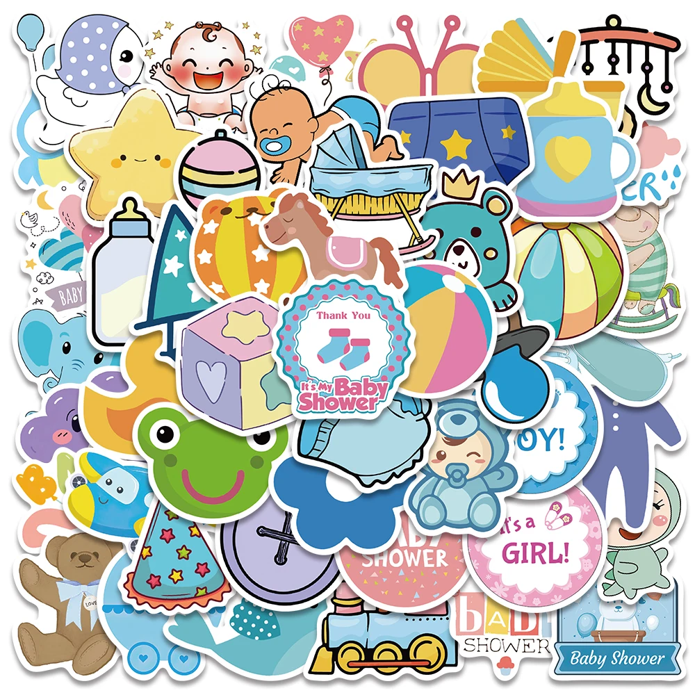 50pcs Cute Cartoon Baby Shower Stickers Vinyl Laptop Decals Luggage Guitar Skateboard Bicycle Car Waterproof Graffiti 50pcs delicate thanks cards baby shower thank you cards wedding thank you cards