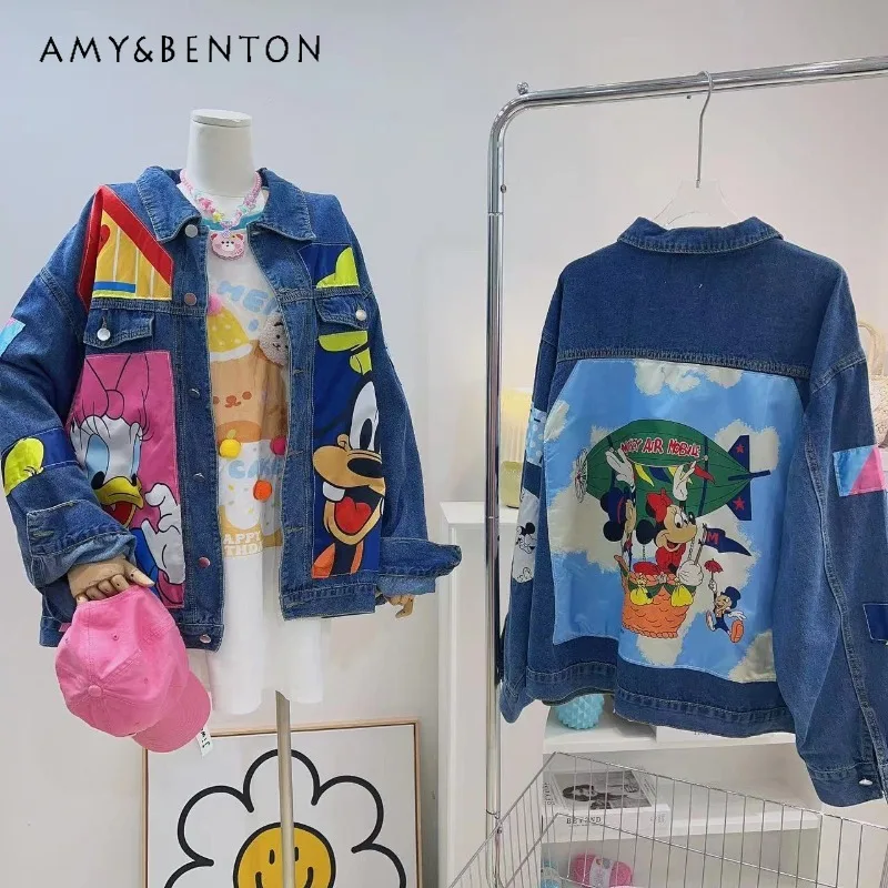 

Korean Style Single-Breasted Denim Jacket 2023 Autumn New Loose Design Niche Fun Cartoon Patch Chic Denim Coats Sweet Streetwear