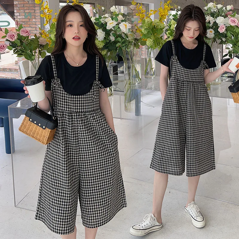 2023 Summer Maternity Clothing Set Black Short Sleeve T-shirt+Strap Jumpsuits Twinset Pregnant Woman Breastfeeding Overalls Sets 2023 new maternity breastfeeding clothes summer solid color pregnancy nursing vest casual women s clothing for pregnant wear top
