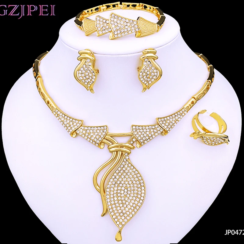 

Dubai Jewelry Set For Women Luxury Quality 18K Gold Plated Necklace Earrings Bracele And Ring Full Set Party Jewelry