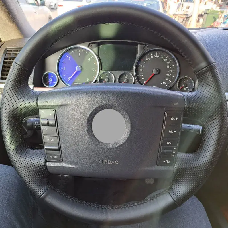 Für VW Touareg Phaeton 2002–2010 (4 Speichen), handgenähtes perforiertes Leder, Auto-Lenkradbezug, Verkleidungszubehör