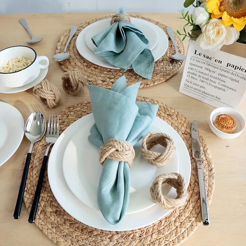 BARIEN Set Of 20 Round Woven Napkin Rings - Natural Water Hyacinth, Handmade For Table Decor, Wedding, Party