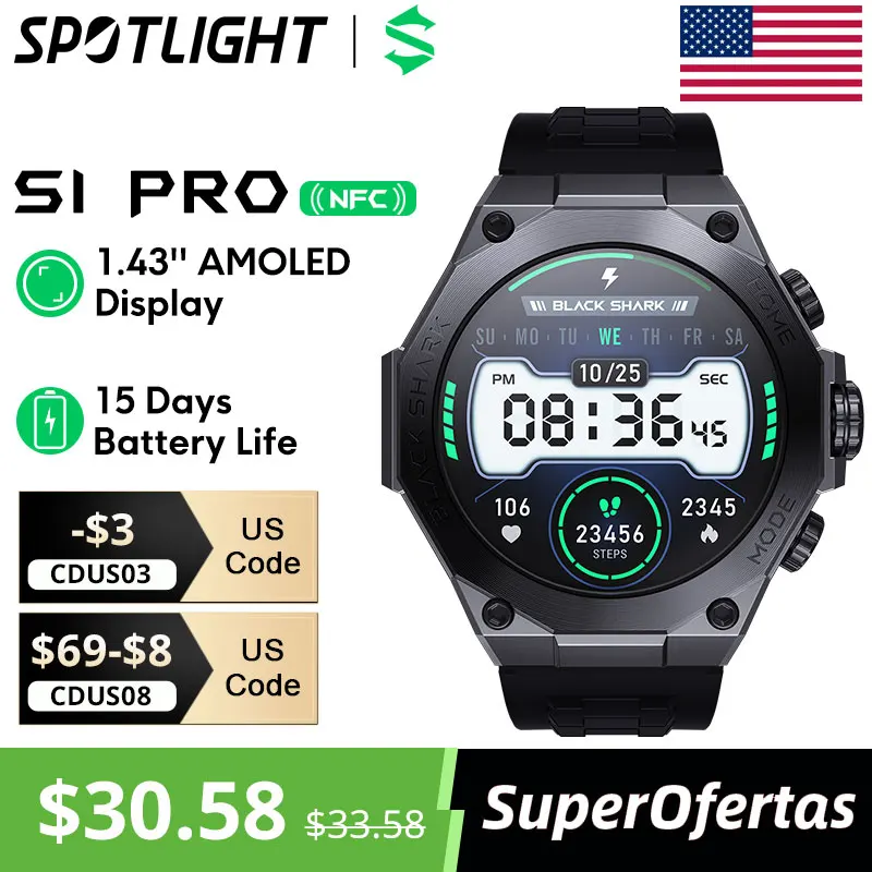 [World Premiere] Global Version Black Shark S1 Pro Smart watch 1.43\'\' AMOLED Wireless Charging 15 Days Battery Life NFC Chat GPT