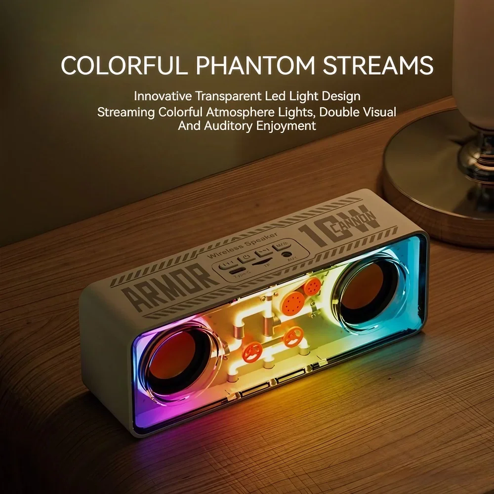 STONEGO 1PC LED TWS Bass Vibro-sound PUNK Style Dual Speakers Transparent Mechanical Wireless Bluetooth Speakers