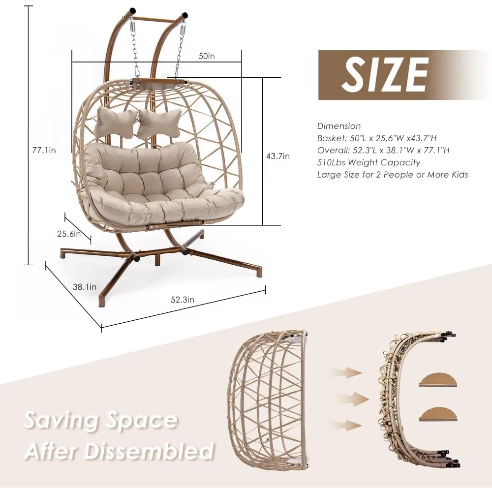 Double Egg Chairs Outdoor Indoor,for 2,All-Weather Rattan Hanging Loveseat Comfy,Patio Swinging Seat w/Cushion & Cover for Porch 4