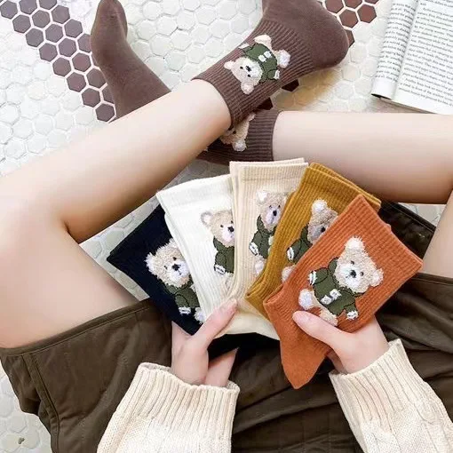Socks Women\'S Autumn Winter Spring Kawaii Bear Cute Cartoon Harajuku Short Middle Tube Sock Sports Cotton Calcetines Mujer meias