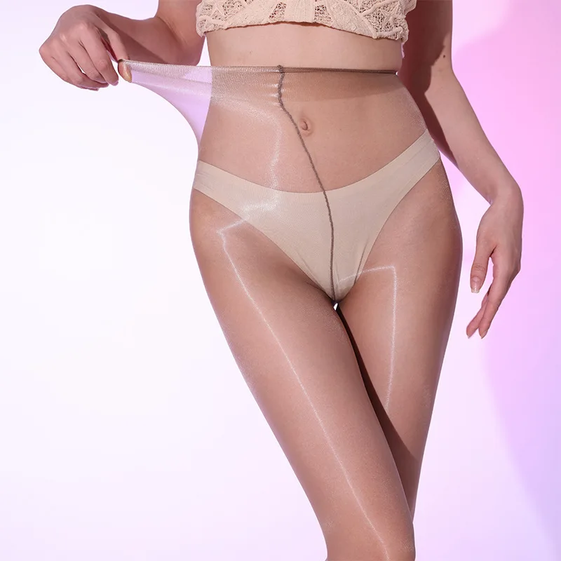 1D Ultradünne, glänzende Öl-Strumpfhose für Damen, hohe Taille, seidig, sexy, glänzend, transparent, mit einem Streifen, geschlossener Schritt, taillenlose Strumpfhose – Detail 5