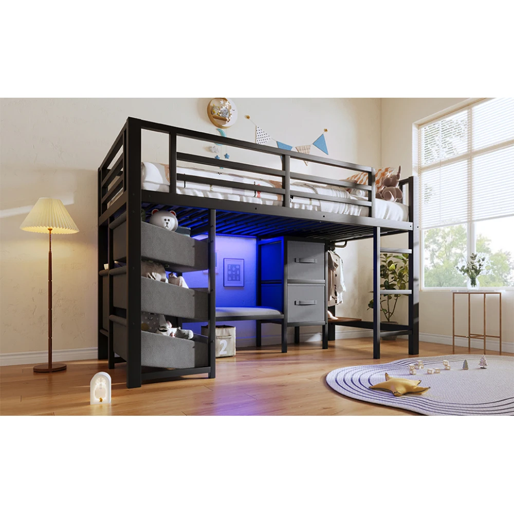 Schwarzes Metall-Halbhochbett 90x200cm Multifunktional Platzsparend mit Sitzkissen Stoffbezug LED-Beleuchtung Kleiderhakenbereich – Detail 19