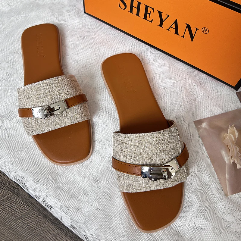 

Летние новые металлические декоративные пляжные женские тапочки с одним словом