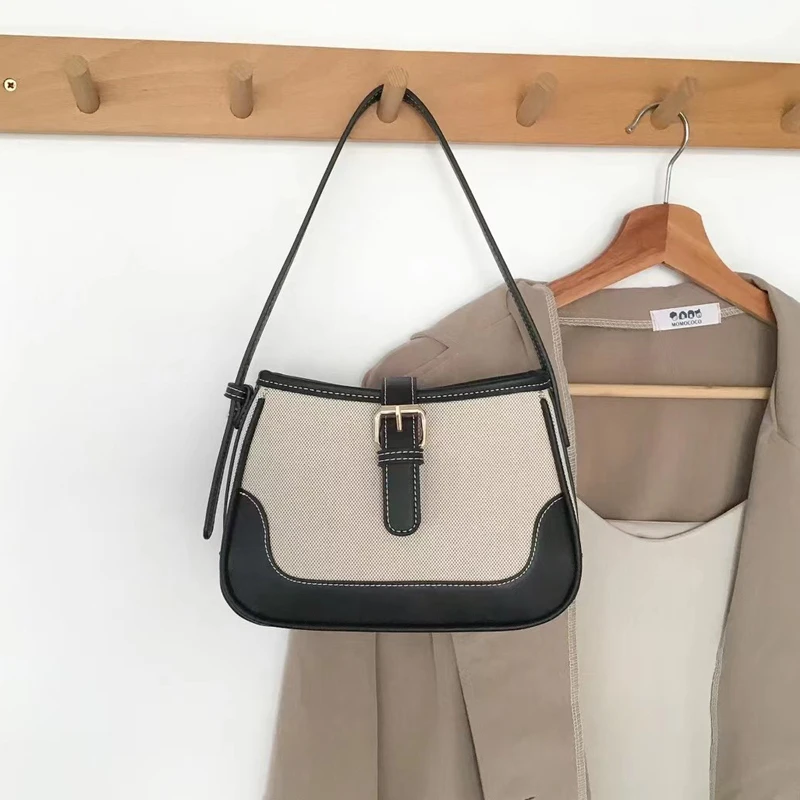 2022 New Women's Bag Cotton Canvas Pu Leather Patchwork Women Handbags