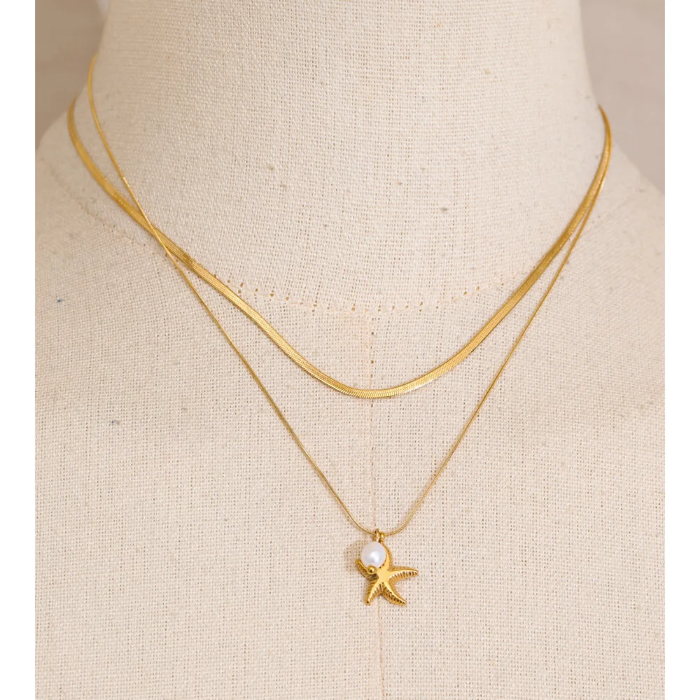 Yhpup Stainless Steel Natural Pearl Starfish Pendant Necklace