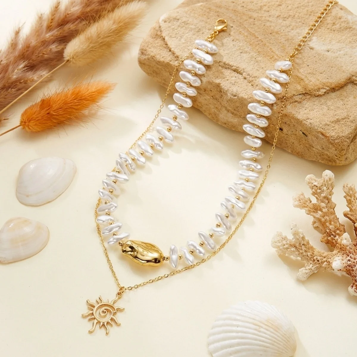 Barocke unregelmäßige Imitationsperlen-Sonnenanhänger-Halskette für Damen und Herren, elegante Sonnenblumen-Schlüsselbeinkette, Choker-Schmuck – Detail 7