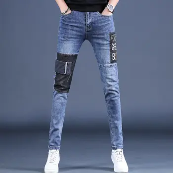남성용 경량 럭셔리 스트리트 패션 자수 청바지, 내마모성 트렌디 스타일 데님 바지, 슬림핏 패치워크 캐주얼 청바지