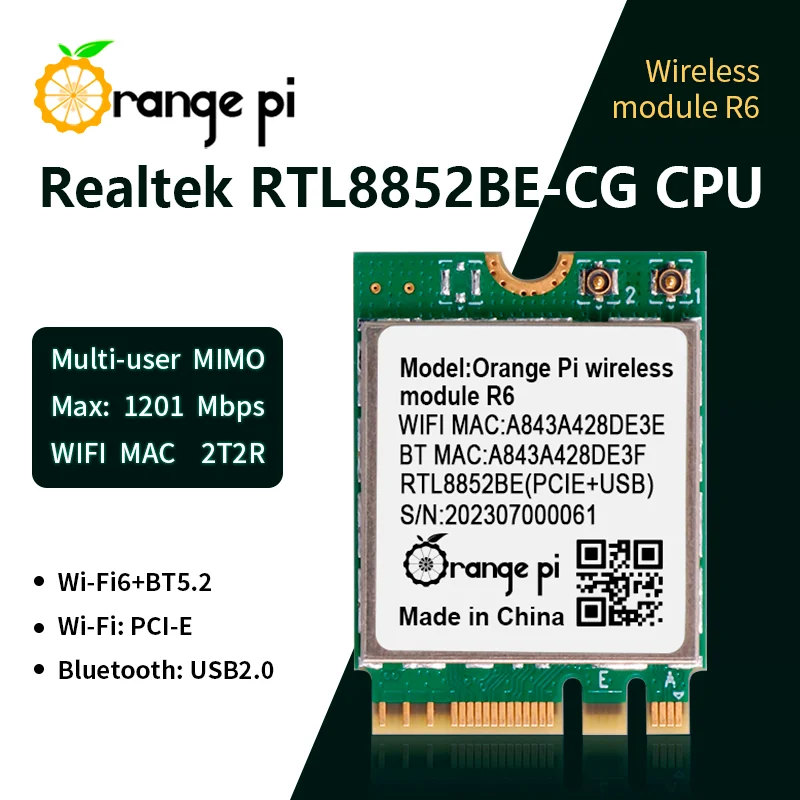 오렌지 파이 무선 모듈 R6, 오렌지 파이 5 플러스 보드용, 2.4G, 5G, 듀얼 밴드 Wi-Fi6 + BT5.2, PCIE M.2 E-키 인터페이스, 와이파이 모듈