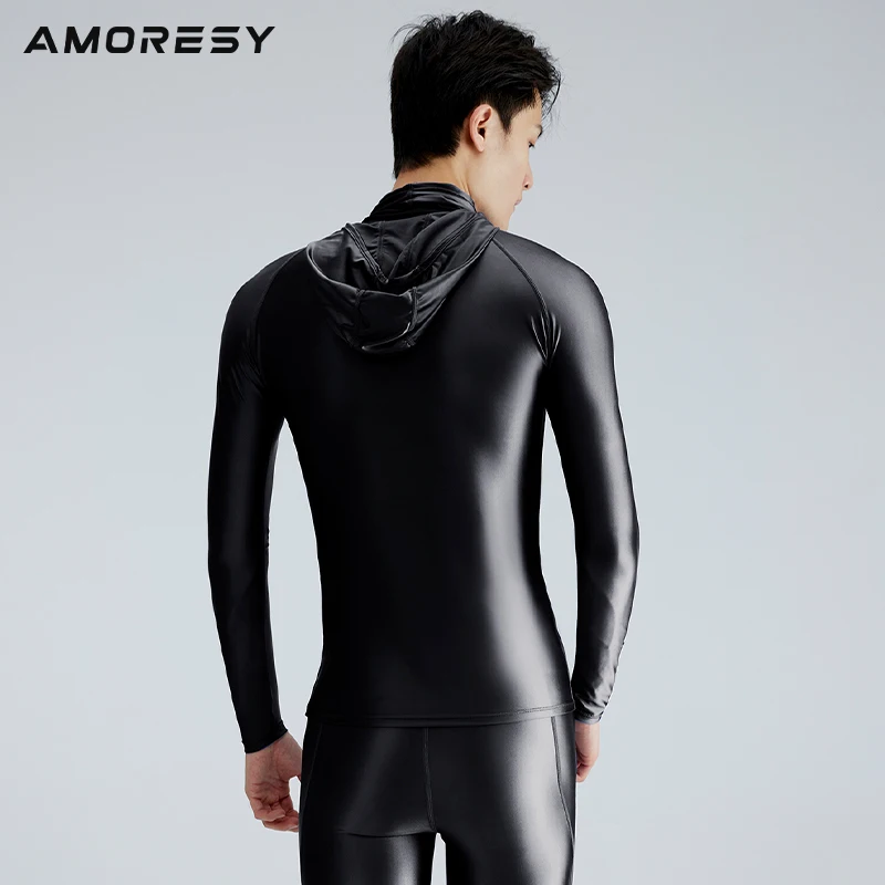 sexy Silk Breathable smooth T-shirt glossy tight surfing sun protection quick drying Hooded top fitness suit Men's swimsuit men swimsuit male swim rash guard