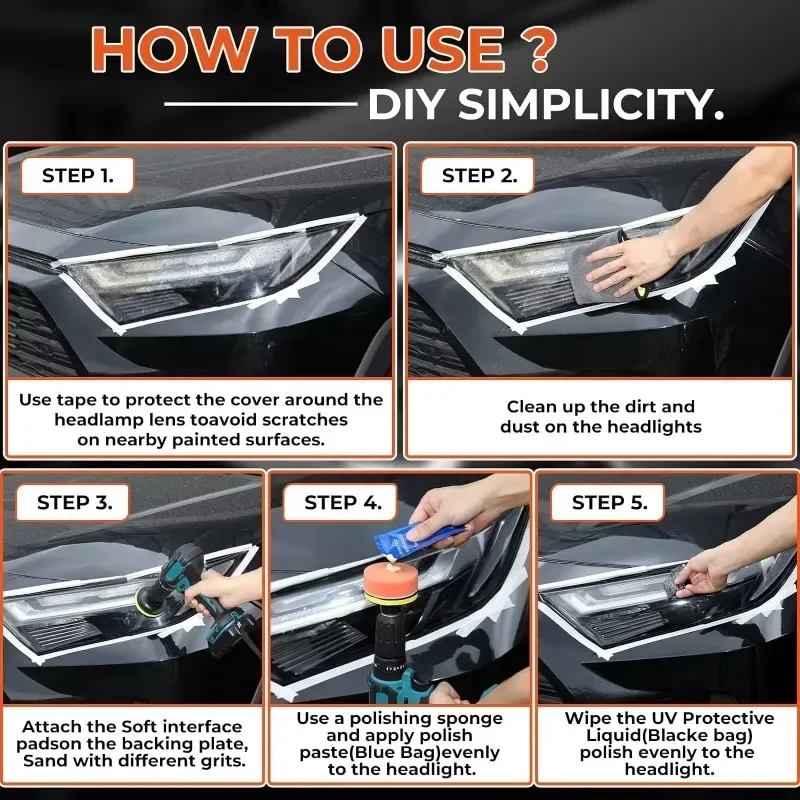 Car Headlight Restoration Kit - Fix Yellowing/Scratches, Includes Polisher & Brightener, Auto Headlight Repair