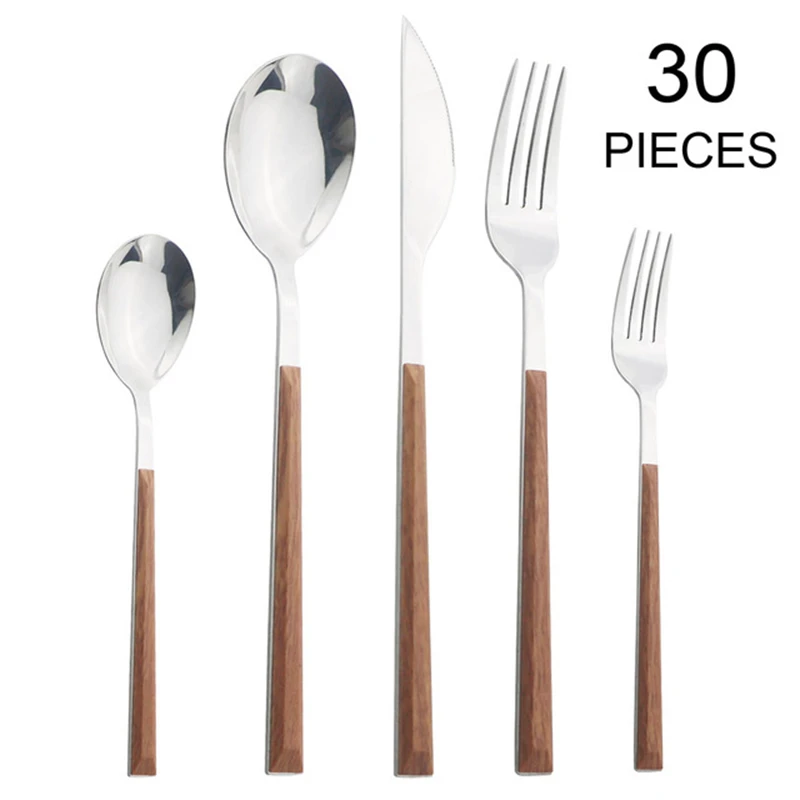 Stainless Steel Spoon Wood Handle Tableware Set 304 Stainless Steel Dinnerware Chopsticks Knife Fork Spoon Set