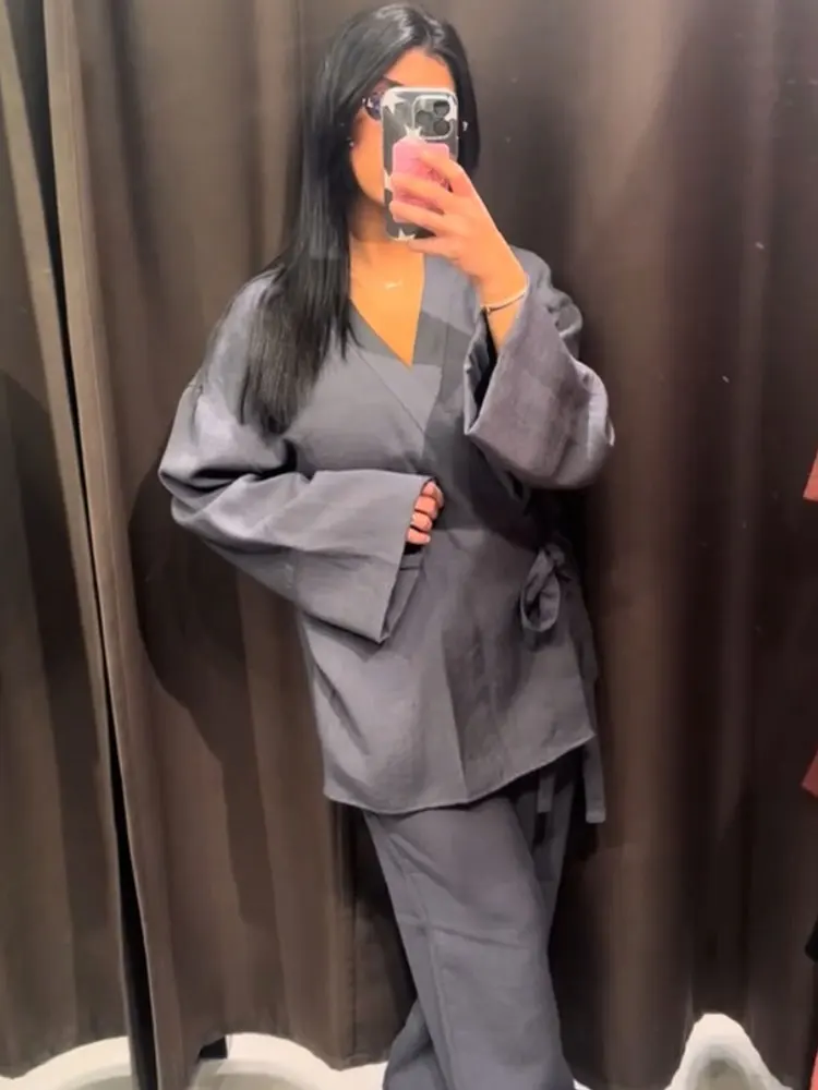 HH Women Casual Pajama Style Blouse Pant Sets Long Sleeve Bow Lace Up Shirts Elastic Waist Trousers Female Grey Outfits