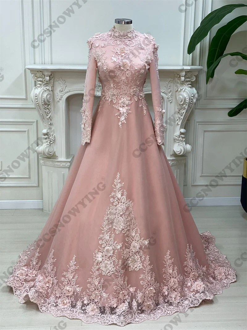 

Chiffon Muslim Evening Dresses Appliques Beaded Long Sleeve Islamic Formal Party Gowns High Neck Women Arabic Robes De Soirée