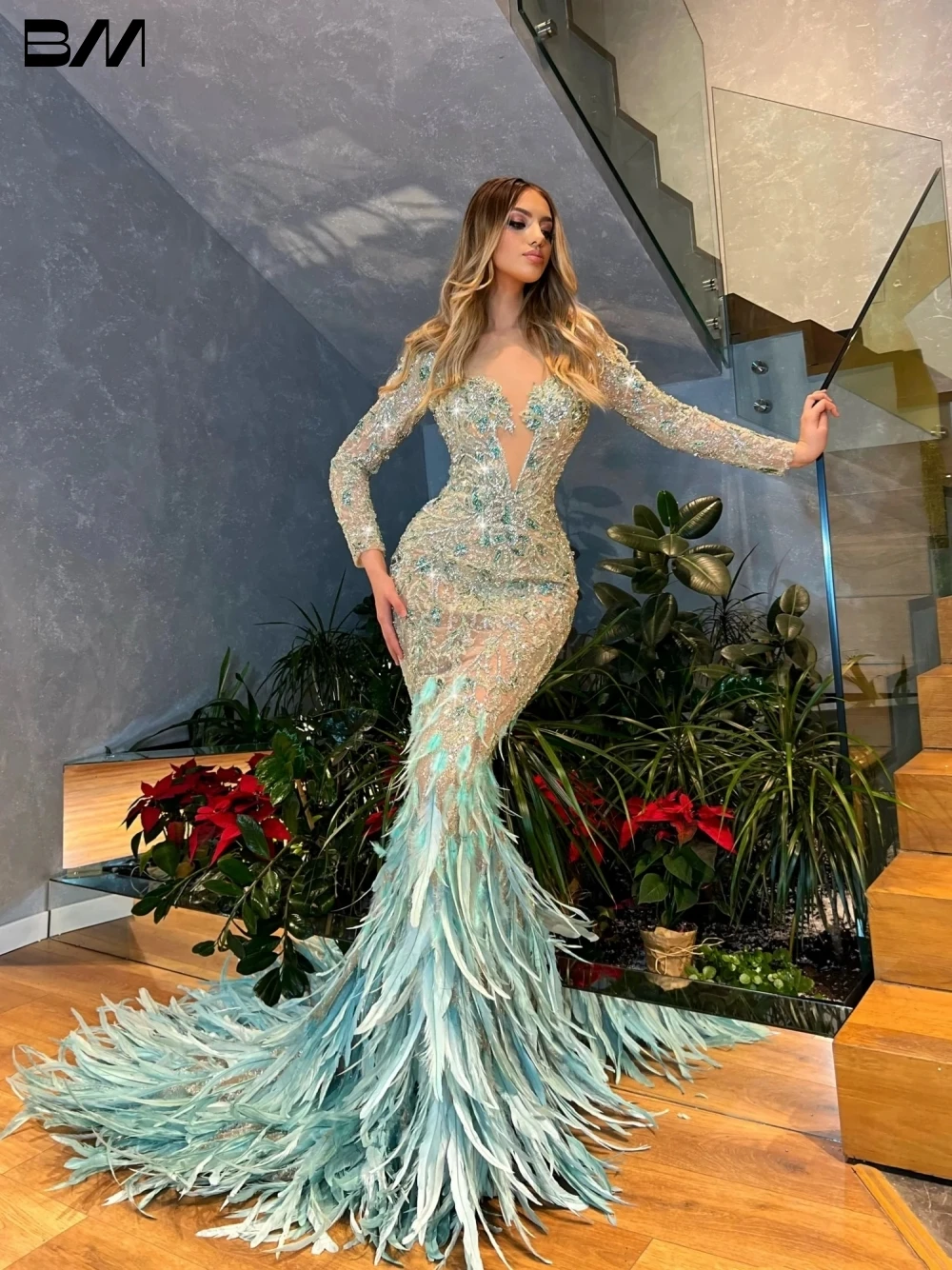 IllusionCutOutEveningDressesLuxuryBeadedFeathersBridalGown