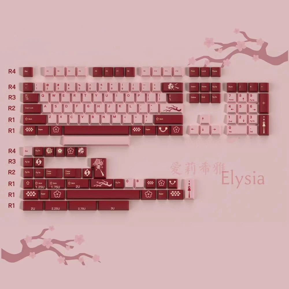 Honkai Impacto Elysia Keycaps Pbt Anime Gaming Key Caps Perfil Cereja Keycap Lightproof para Teclado Interruptor mx 140 Teclas por Conjunto
