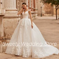 Glitter Wedding Dresses Customized Cap Sleeve Scoop Beading Applique Sweept Train Back Lace-up Corset Wedding Bridal Gown 1