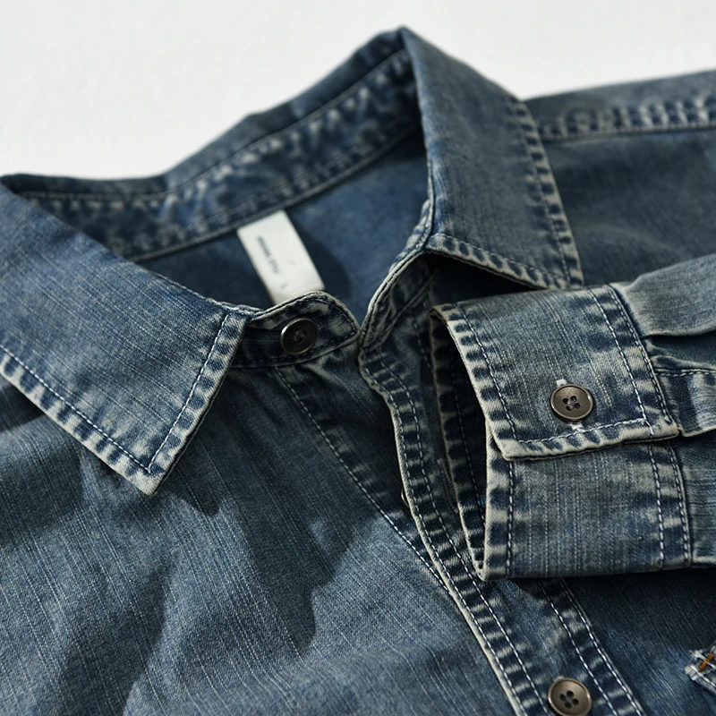 Japanese Style Fashion Men Shirts Retro Washed Blue Long Sleeve Casual Denim Shirt Men Vintage Designer Casual camisas de hombre