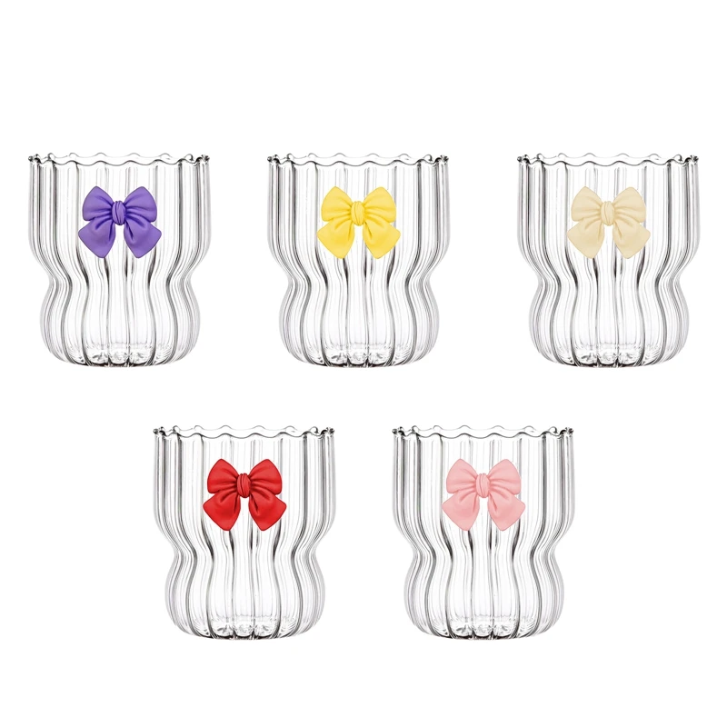 300ML Creative Ribbed Glass Cups Ripple Drinking Glasses Vintage Bow-knot Glassware Wavy Drinking Glasses Glass Cup