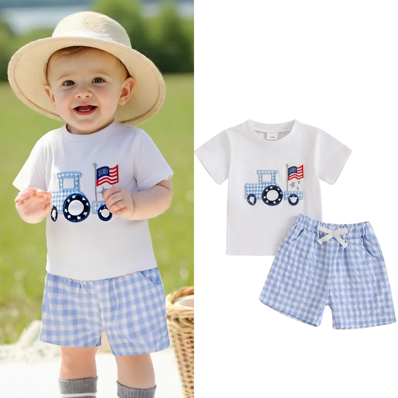 FOCUSNORM 0-3Y Infant Baby Boys Summer Clothes Sets Outfit Truck Embroidered Short Sleeve T-Shirt + Plaid Shorts