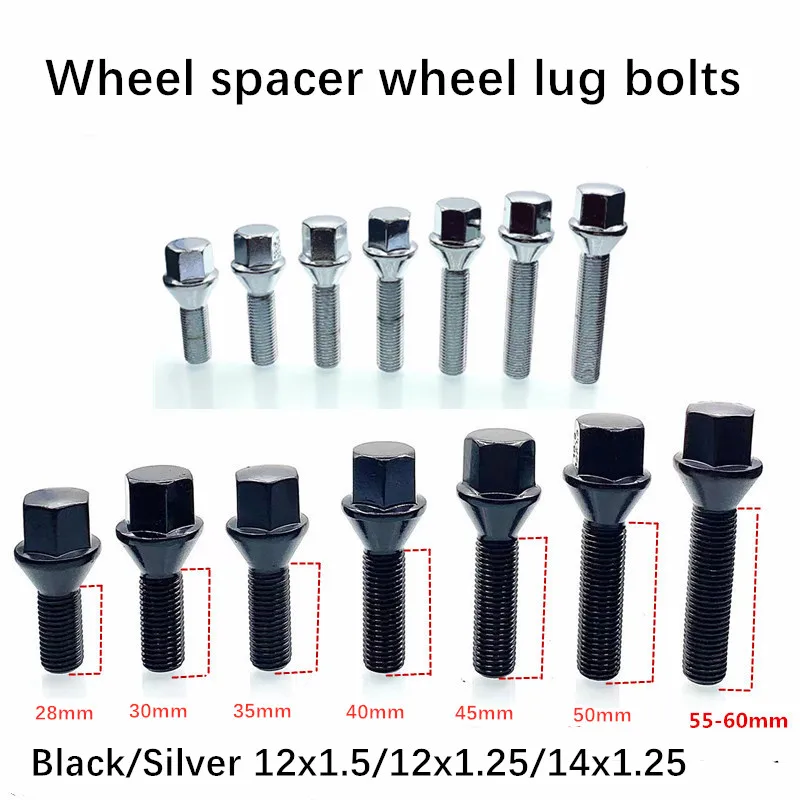 1piece Cone Seat 12x1.5 12x1.25 14x1.25 shank length 30mm 35mm 40mm 45mm 50mm 55mm 60mm Car wheel spacer wheel lug bolts