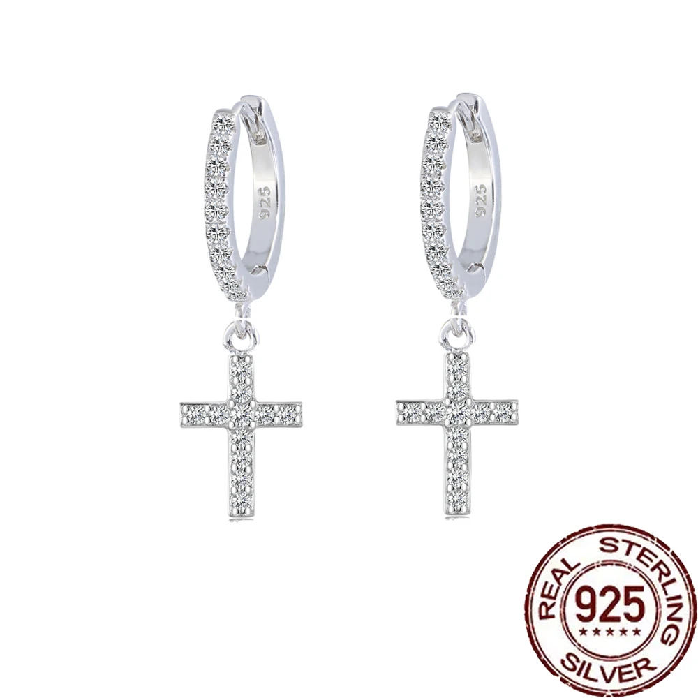 Hoop Earrings Silver Earrings Silver Hoop Earrings Womens Earrings S925 Sterling Silver Cubic Zircon Cross Charm Dangle Hoop Earring for Women Religious Jewelry Accessories SE065