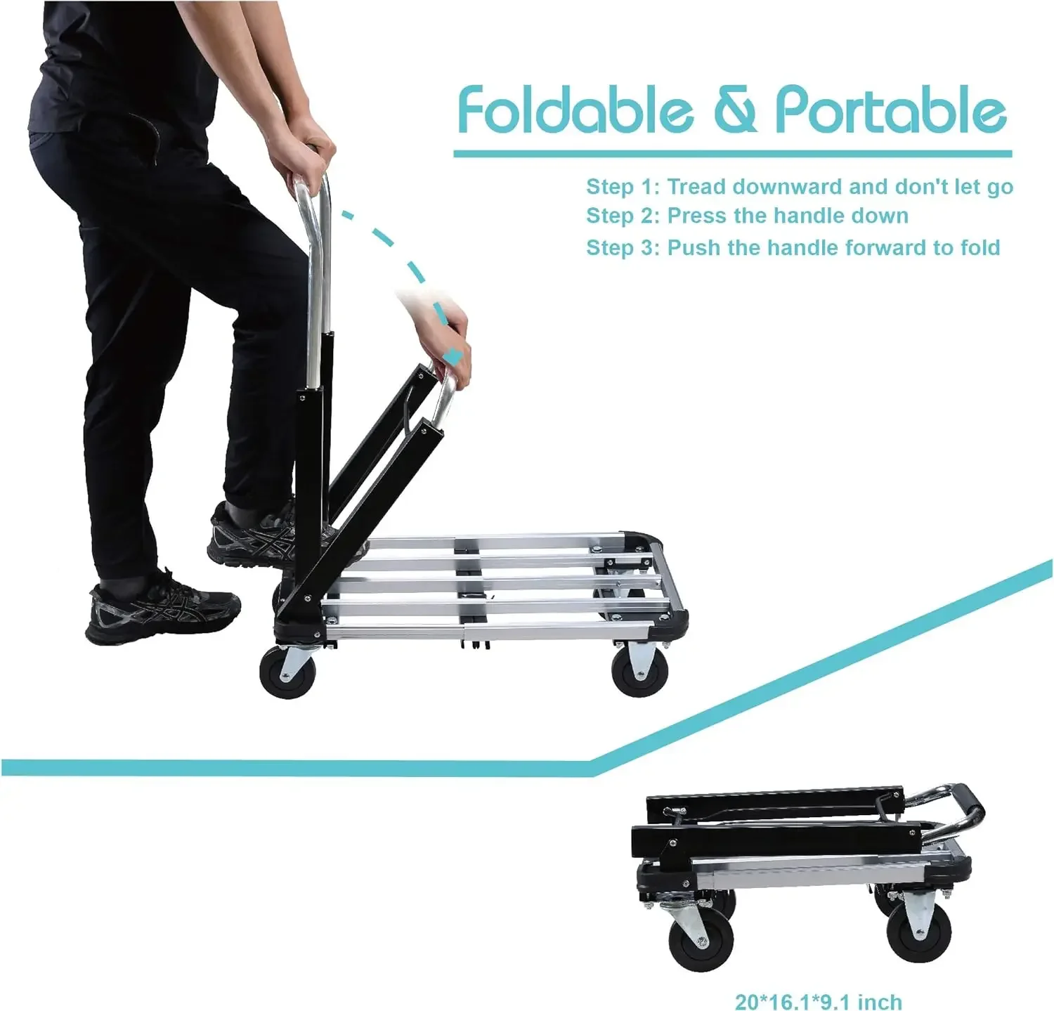 Foldable Push Cart Aluminum Alloy Platform Cart with 4-Wheel,Adjustable Length,330-LB Capacity(with 2 Ropes)