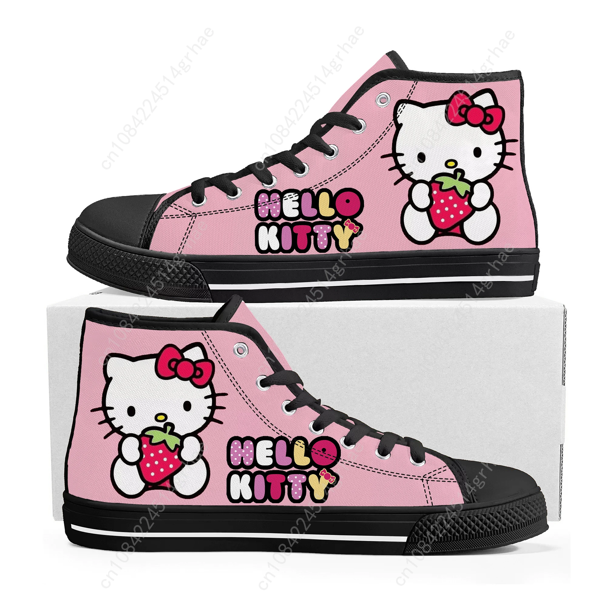Hello Cute Cartoon Pink Cat High Top Sneakers Mens Womens Teenager High Quality Canvas Sneaker Casual Custom Made Shoes