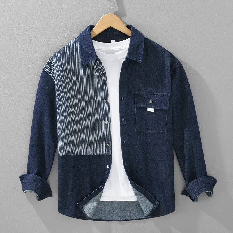 Men's Denim Color Blocking Striped Shirt Casual Loose Fit Long Sleeve Spring And Autumn Wardrobe Piece