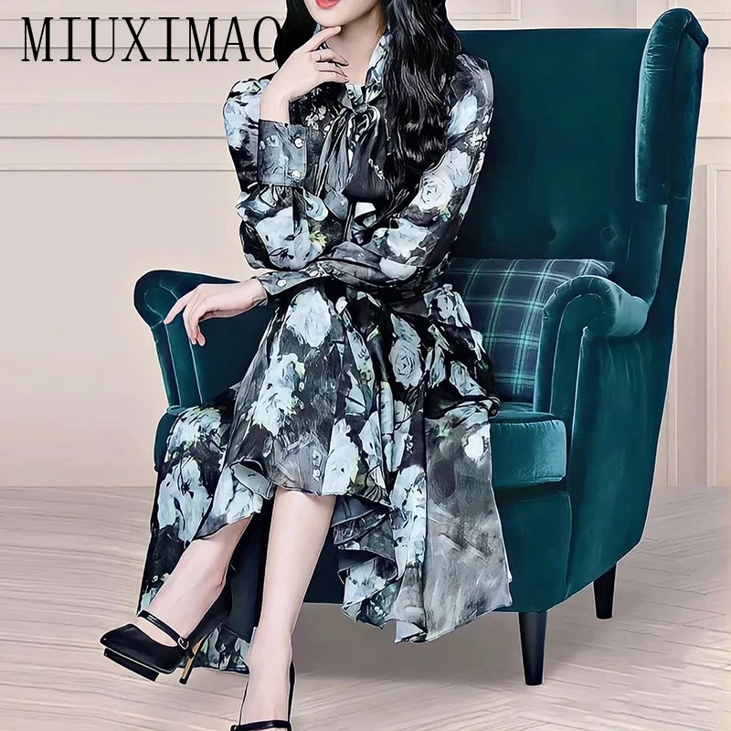 

Женское шифоновое платье с длинным рукавом MIUXIMAO, Элегантное Длинное платье с бантом и поясом с принтом, весна-лето 2023