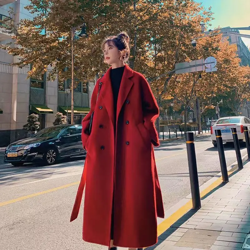 

2022 Autumn And Winter New Korean Style Fashion Loose Temperament Double-breasted Thickened And Cotton Long Woolen Coat Women