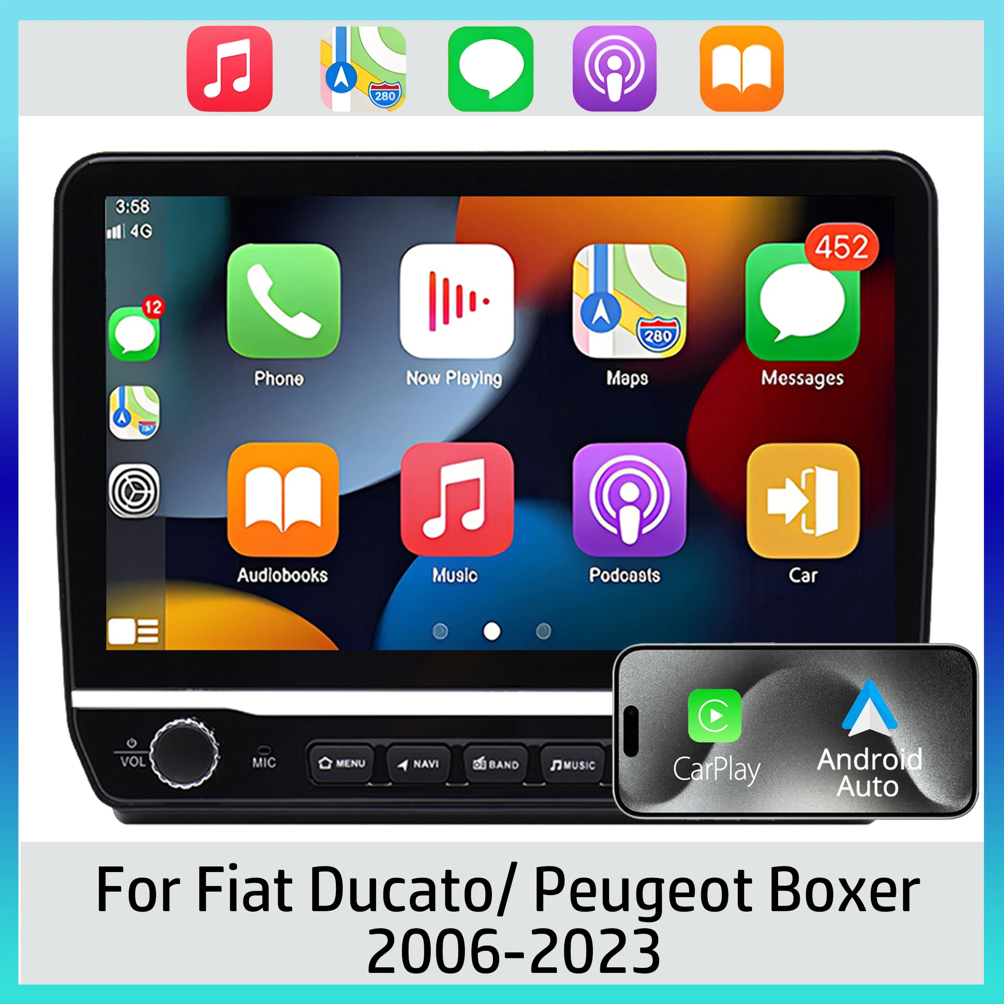 Podofo 10-Zoll Autoradio mit Wireless CarPlay und Android für Fiat Ducato/Peugeot Boxer 2006-2023, Multimedia GPS FM WIFI BT Autoradio